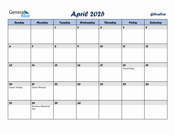 April 2025 Calendar with Holidays in Gibraltar