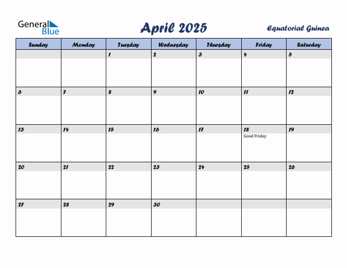 April 2025 Calendar with Holidays in Equatorial Guinea