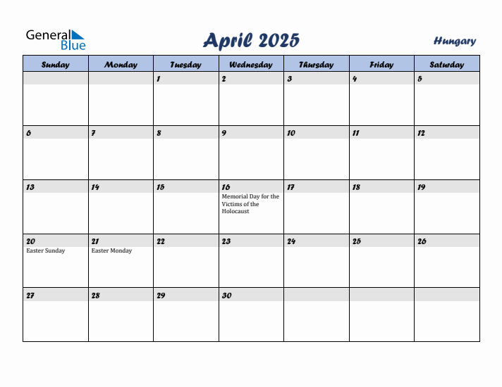 April 2025 Calendar with Holidays in Hungary
