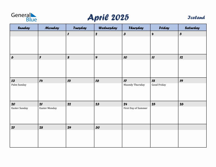 April 2025 Calendar with Holidays in Iceland