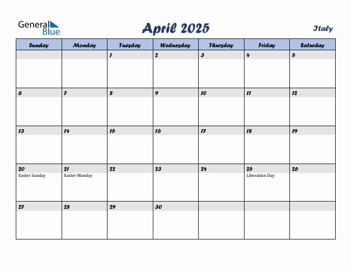 April 2025 Calendar with Holidays in Italy