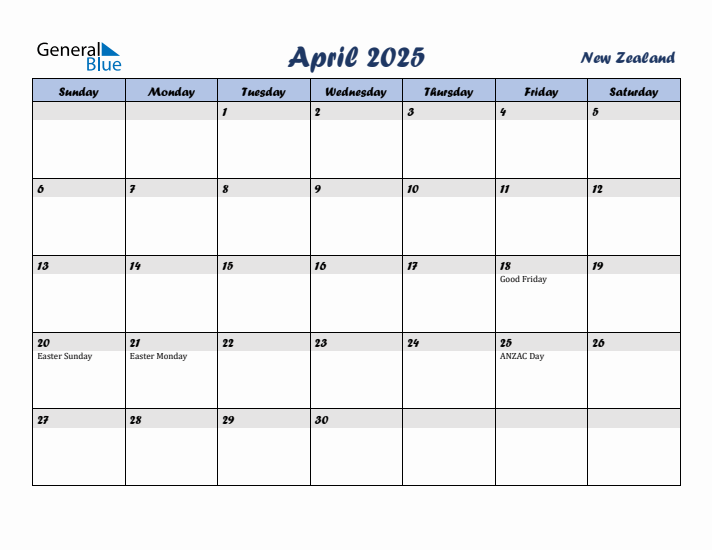 April 2025 Monthly Calendar Template with Holidays for New Zealand