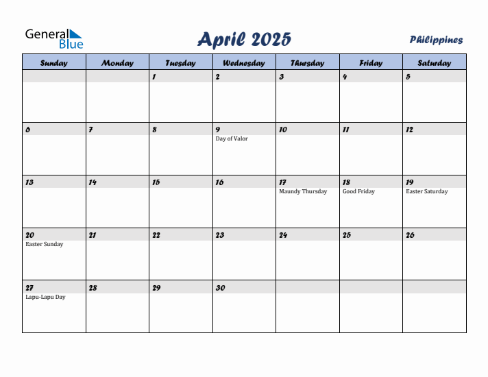 April 2025 Calendar with Holidays in Philippines