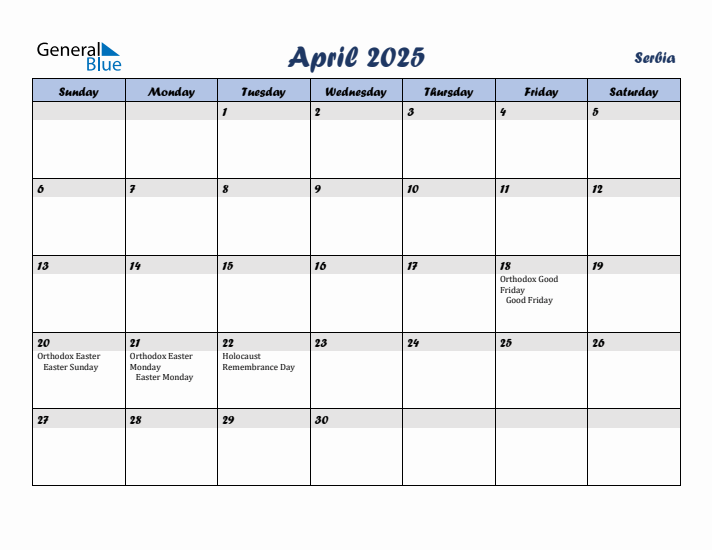 April 2025 Calendar with Holidays in Serbia