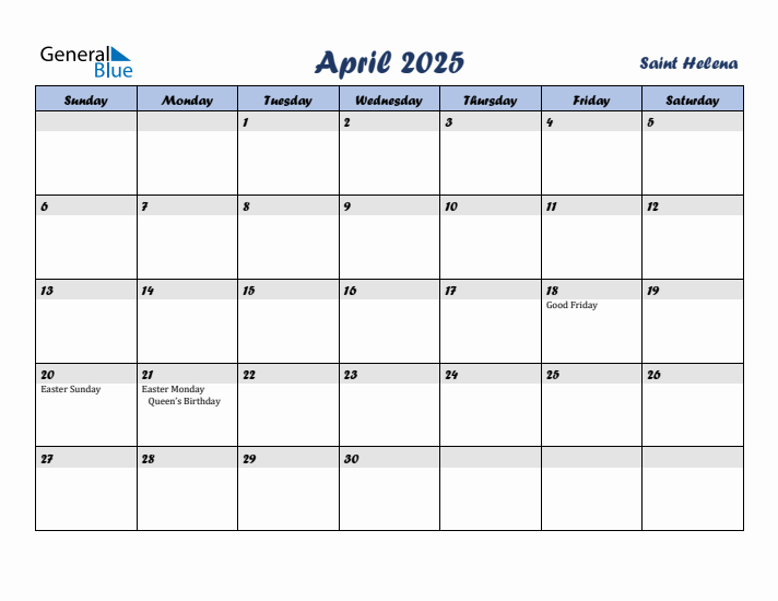 April 2025 Calendar with Holidays in Saint Helena