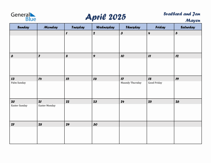 April 2025 Calendar with Holidays in Svalbard and Jan Mayen