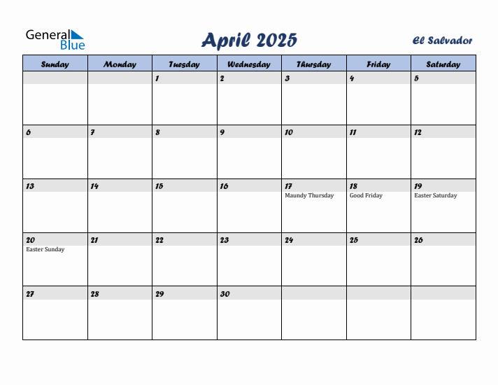 April 2025 Calendar with Holidays in El Salvador