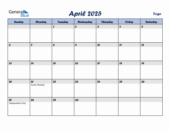 April 2025 Calendar with Holidays in Togo