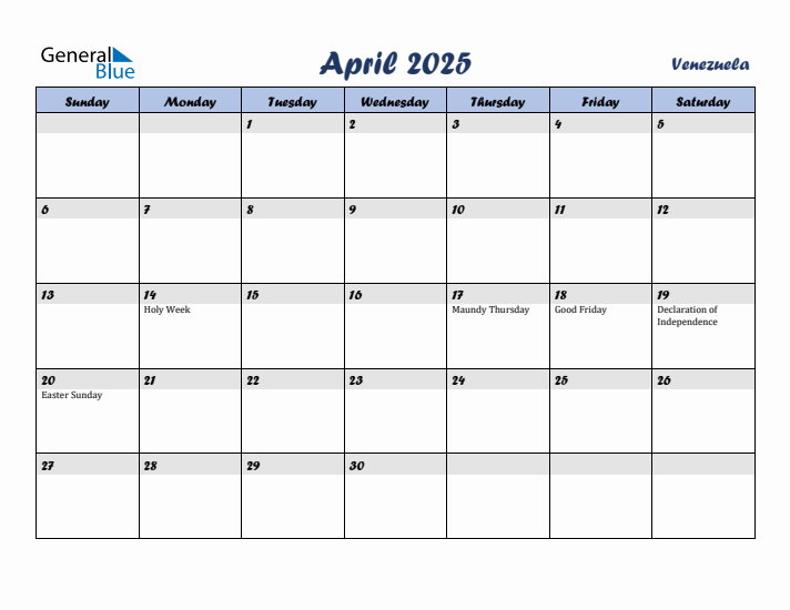 April 2025 Calendar with Holidays in Venezuela