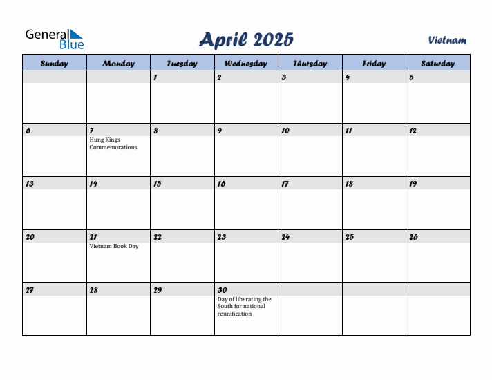 April 2025 Calendar with Holidays in Vietnam