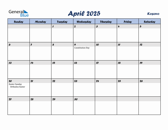 April 2025 Calendar with Holidays in Kosovo