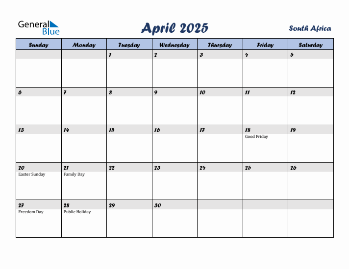 April 2025 Calendar with Holidays in South Africa