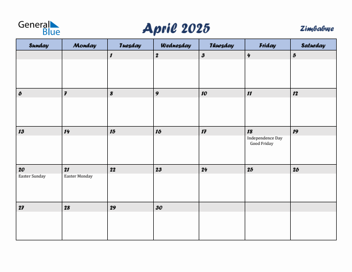 April 2025 Calendar with Holidays in Zimbabwe