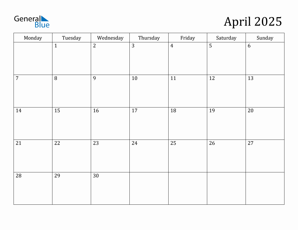 April 2025 Monthly Calendar