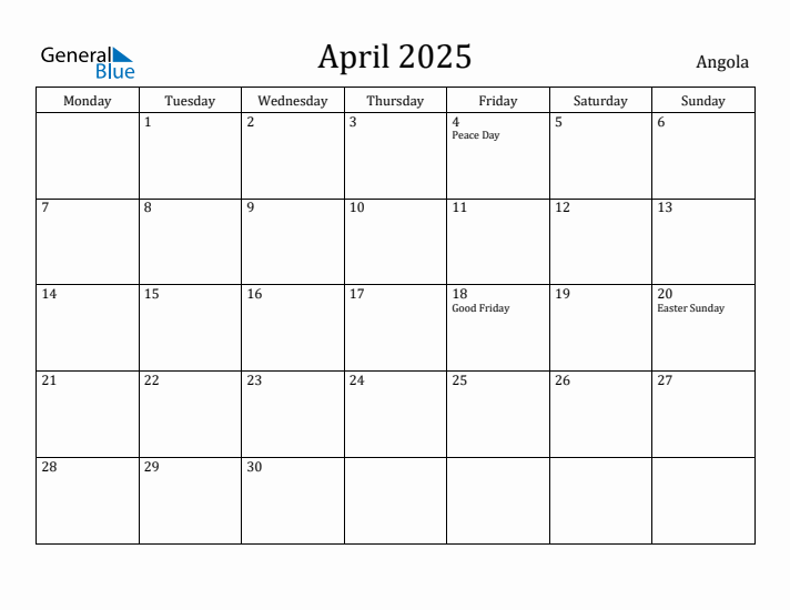 April 2025 Calendar Angola