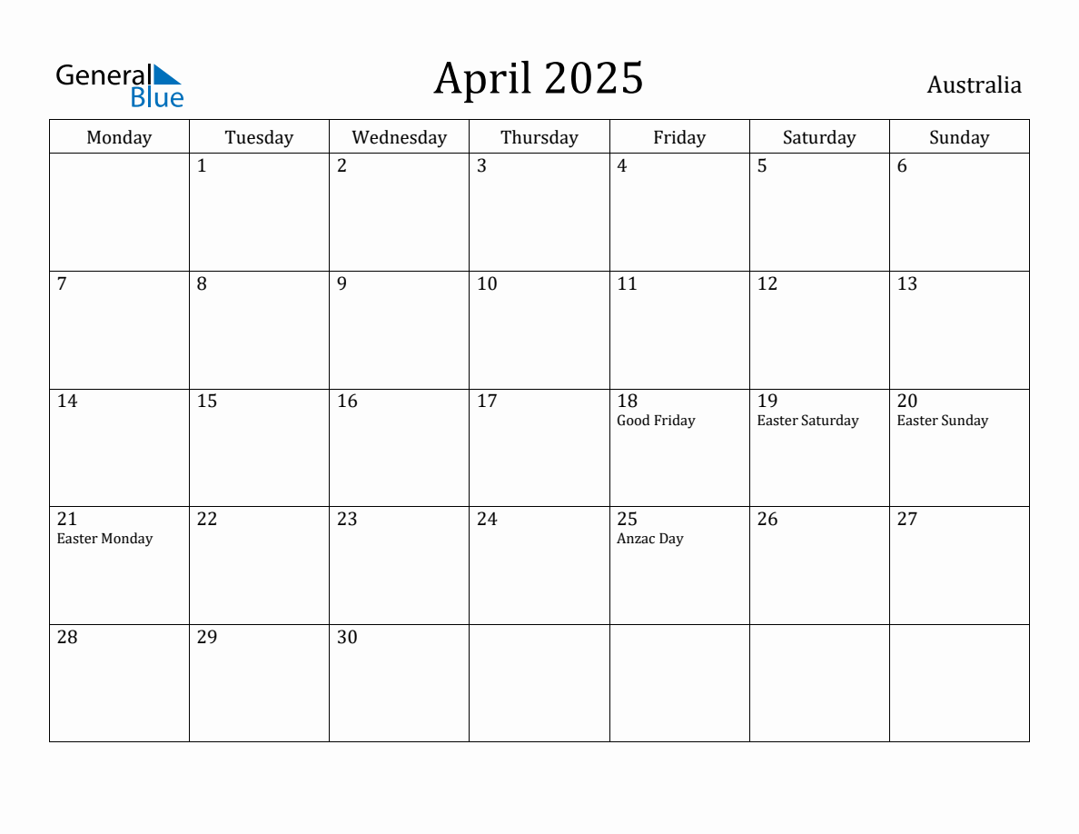 April 2025 Australia Monthly Calendar with Holidays