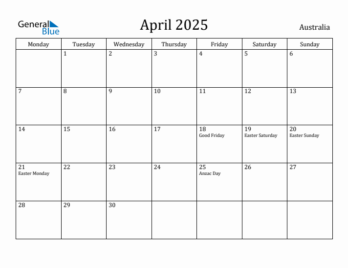 April 2025 - Australia Monthly Calendar with Holidays