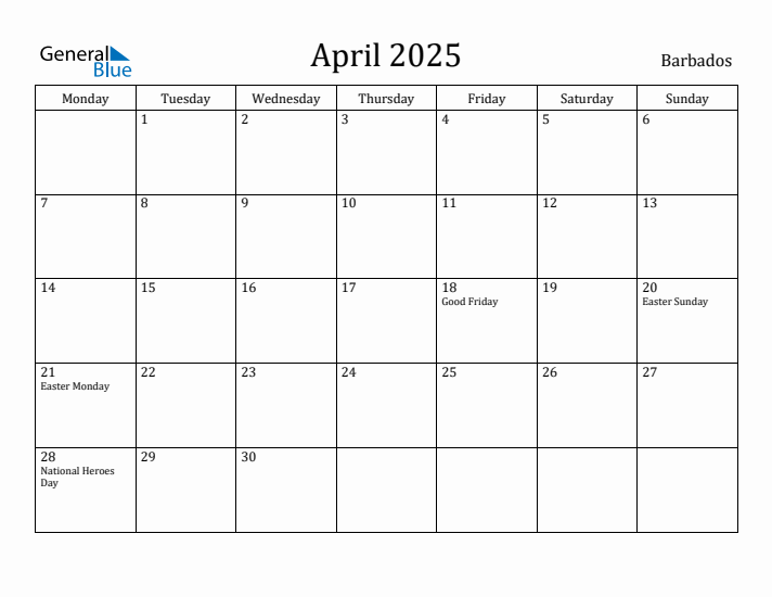 April 2025 Calendar Barbados