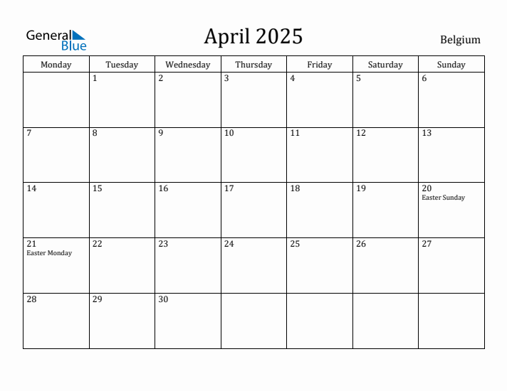 April 2025 Calendar Belgium