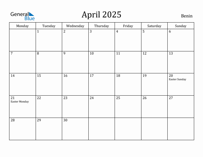 April 2025 Calendar Benin
