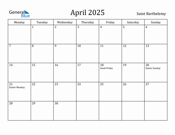 April 2025 Calendar Saint Barthelemy