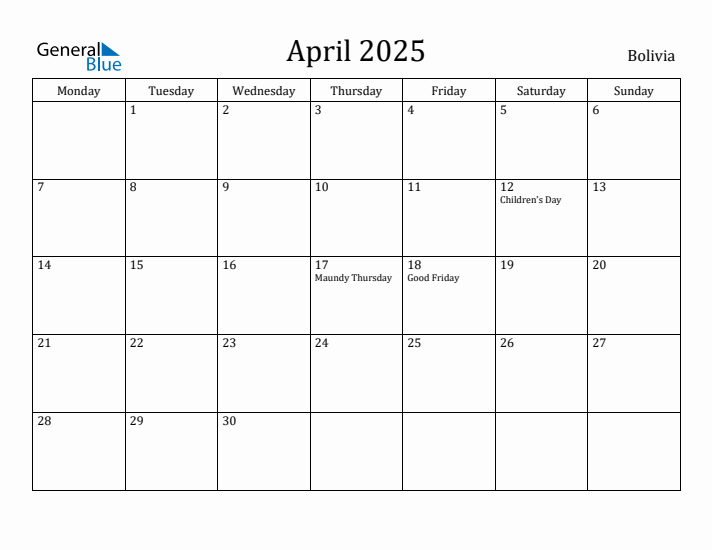 April 2025 Calendar Bolivia