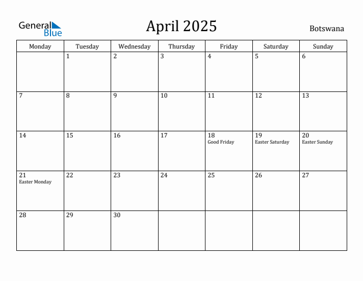April 2025 Calendar Botswana