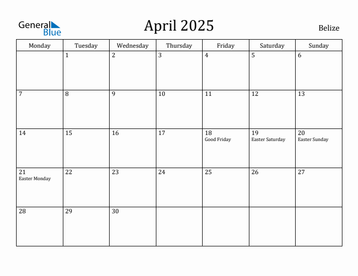 April 2025 Calendar Belize