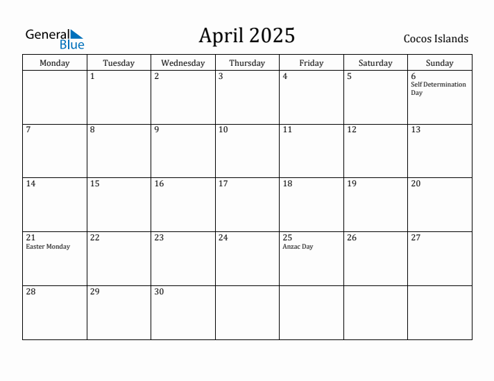 April 2025 Calendar Cocos Islands