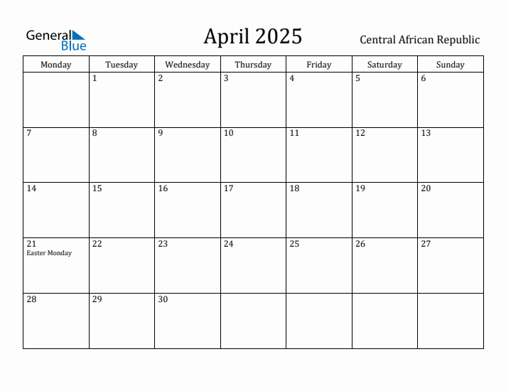 April 2025 Calendar Central African Republic