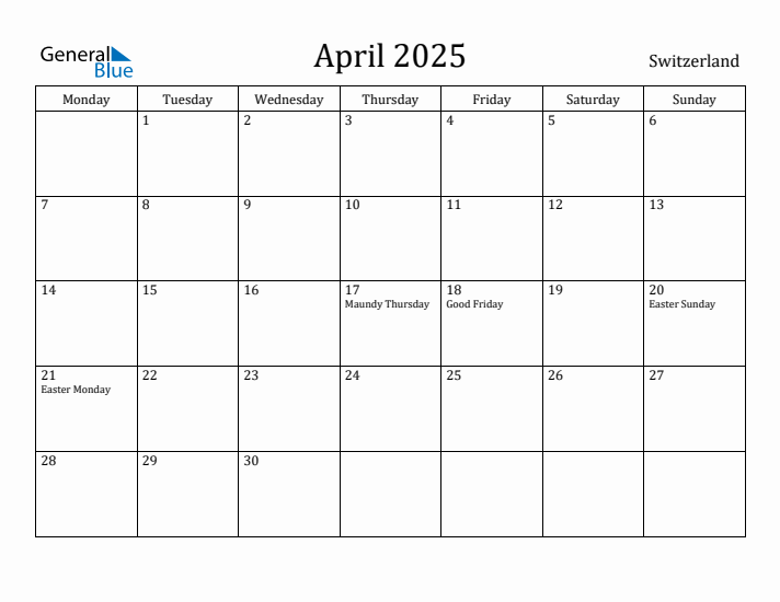 April 2025 Calendar Switzerland