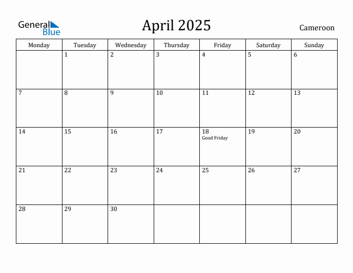 April 2025 Calendar Cameroon