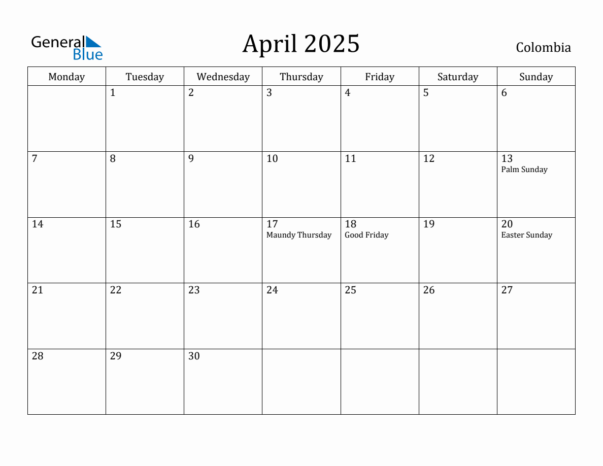 April 2025 Colombia Monthly Calendar with Holidays