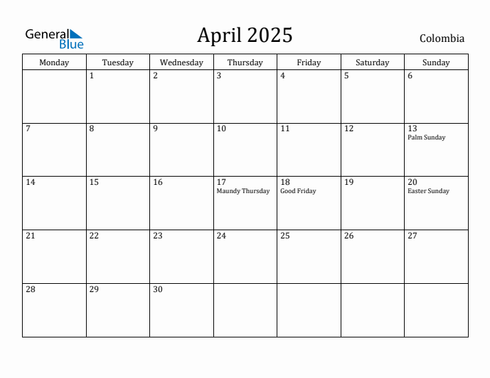 April 2025 Calendar Colombia