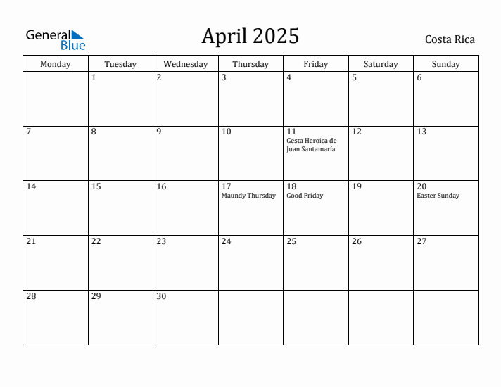 April 2025 Calendar Costa Rica
