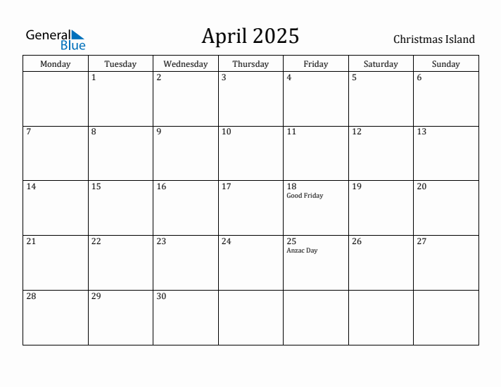 April 2025 Calendar Christmas Island