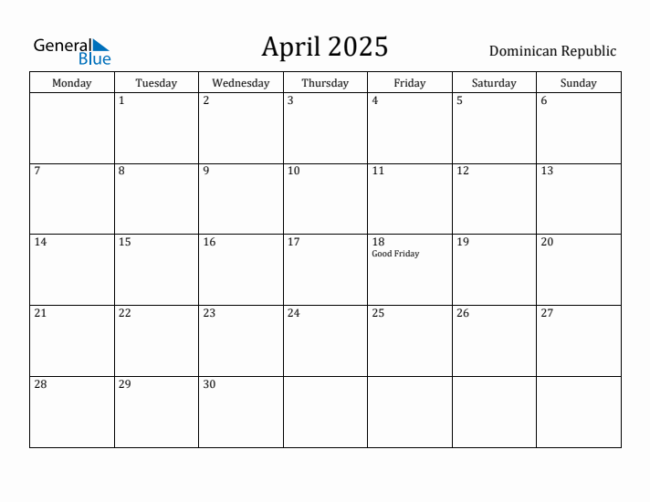 April 2025 Calendar Dominican Republic