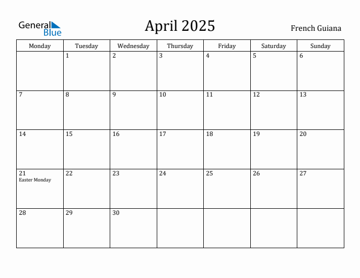 April 2025 Calendar French Guiana