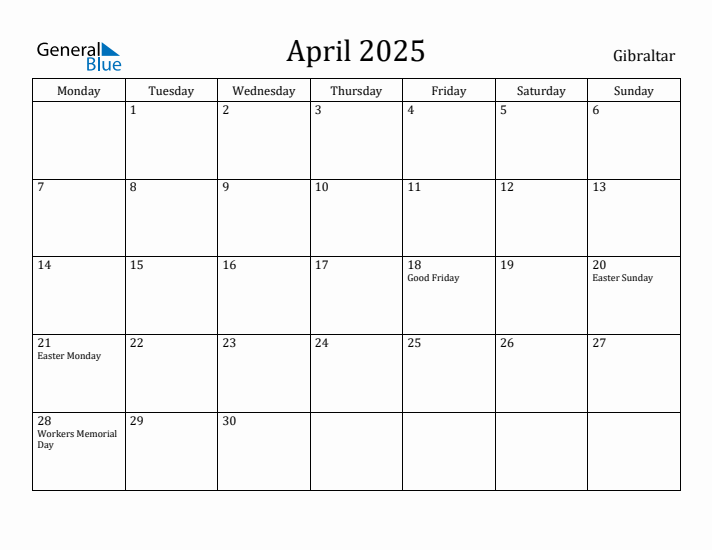 April 2025 Calendar Gibraltar
