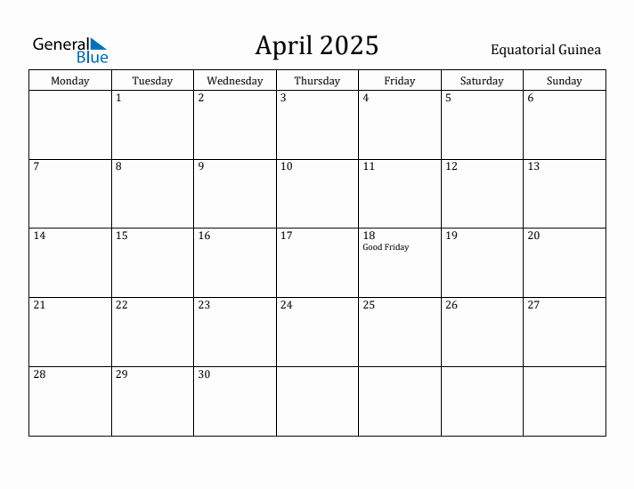 April 2025 Calendar Equatorial Guinea