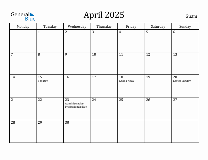 April 2025 Calendar Guam