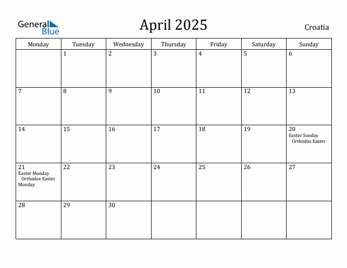April 2025 Calendar Croatia
