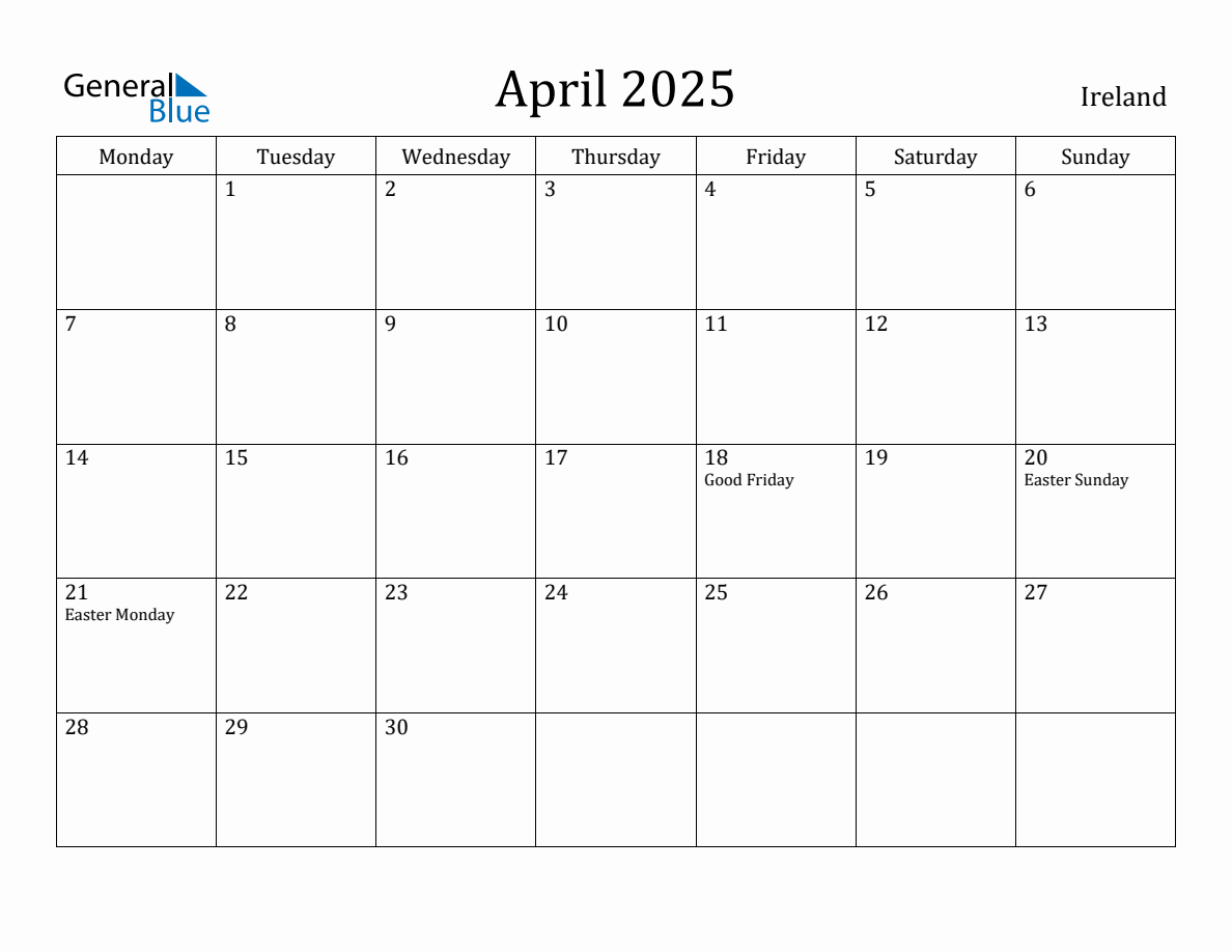 April 2025 Ireland Monthly Calendar with Holidays