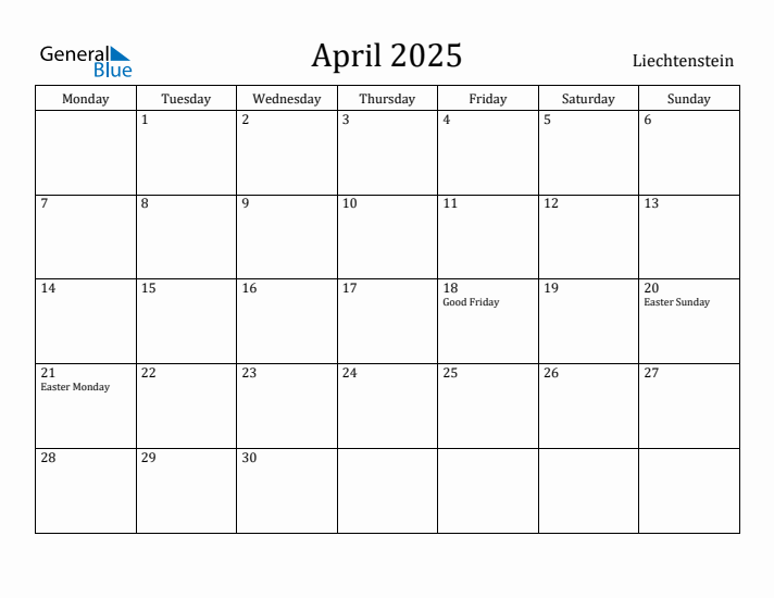 April 2025 Calendar Liechtenstein
