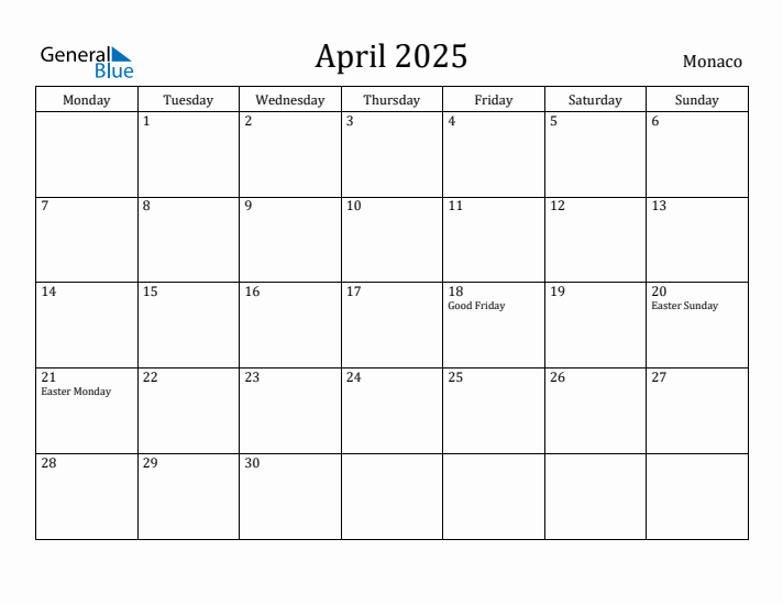 April 2025 Monaco Monthly Calendar with Holidays