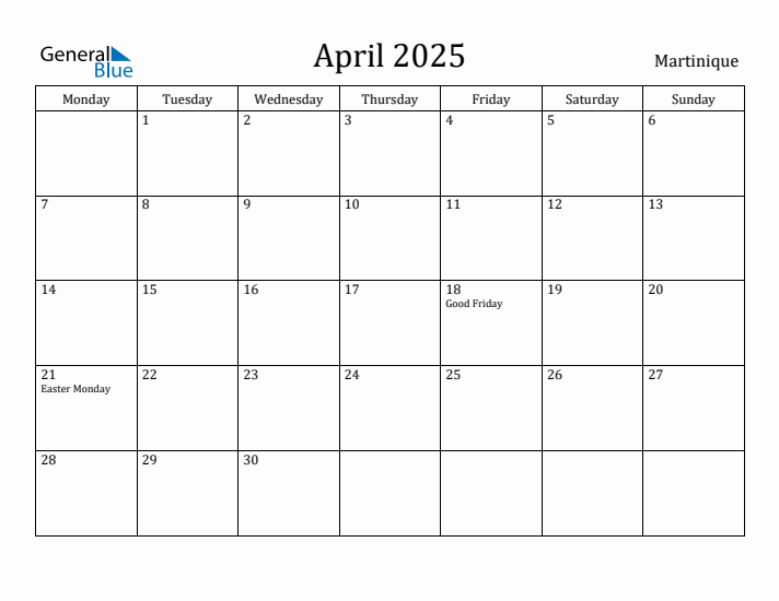 April 2025 Calendar Martinique