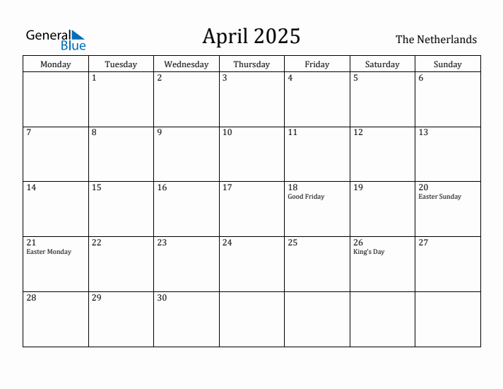 April 2025 Calendar The Netherlands