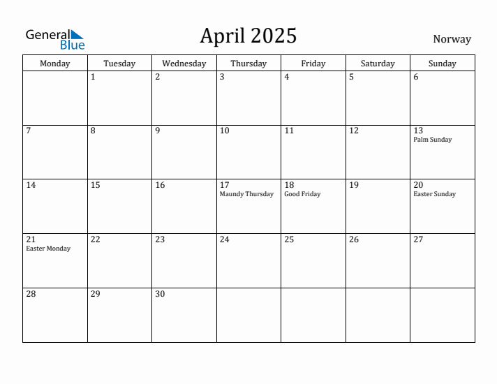 April 2025 Norway Monthly Calendar with Holidays