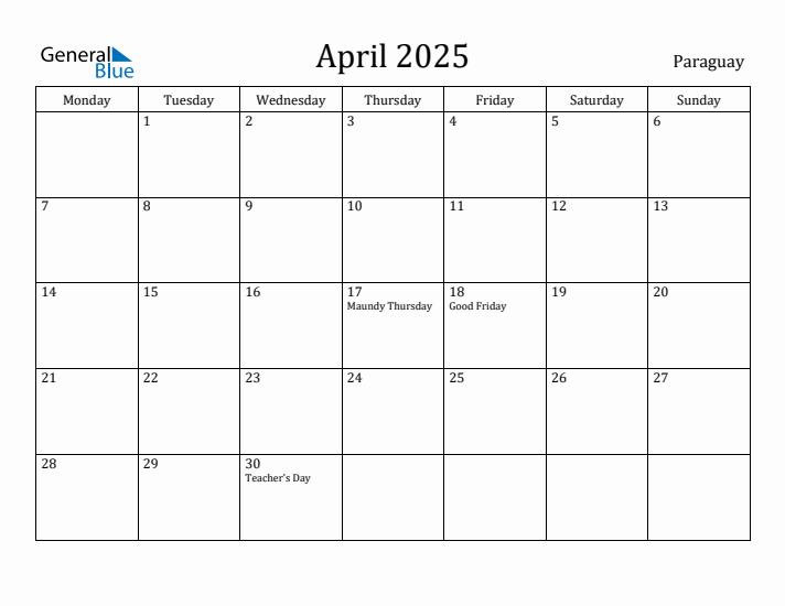 April 2025 Calendar Paraguay