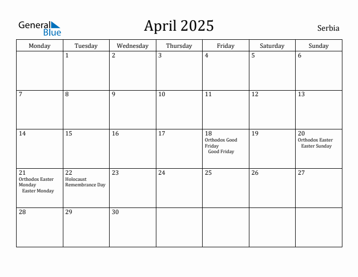 April 2025 Calendar Serbia